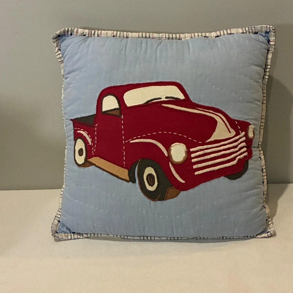 Pottery Barn Kids Red‎ Truck Throw Pillow 12x12 Blue Quilted Farmhouse Americana